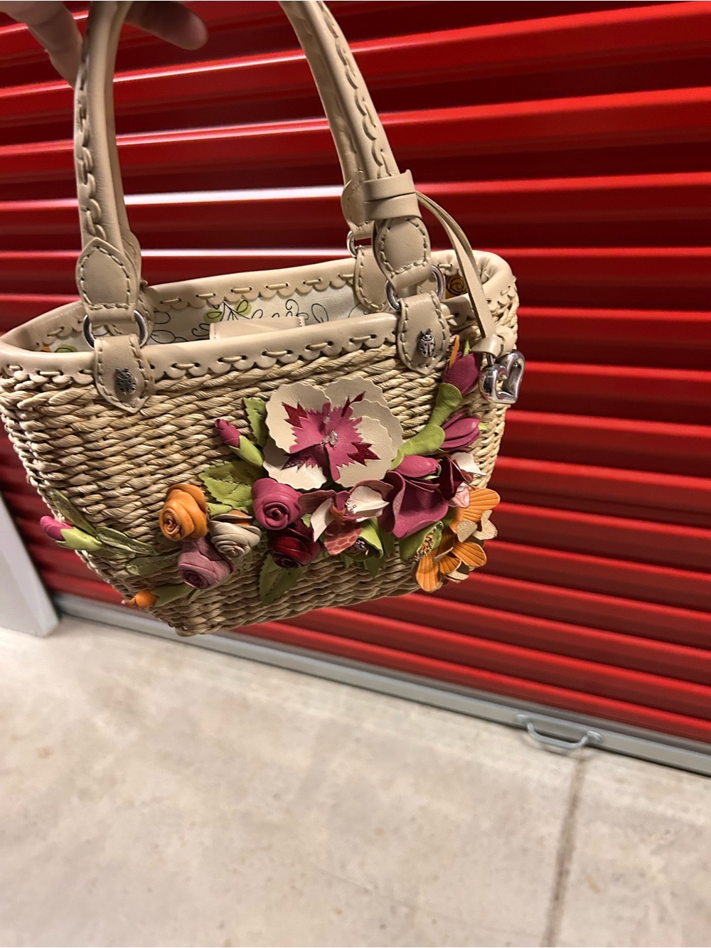 Brighton Cream Straw Tote with Pink, Orange, Green & Purple Floral Appliqués - Picture 4 of 4